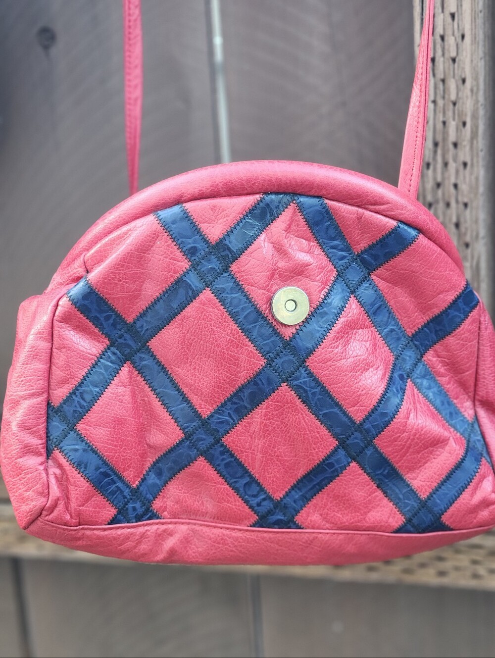 Women's Pink Crossbody Bag with Navy Lattice Detail